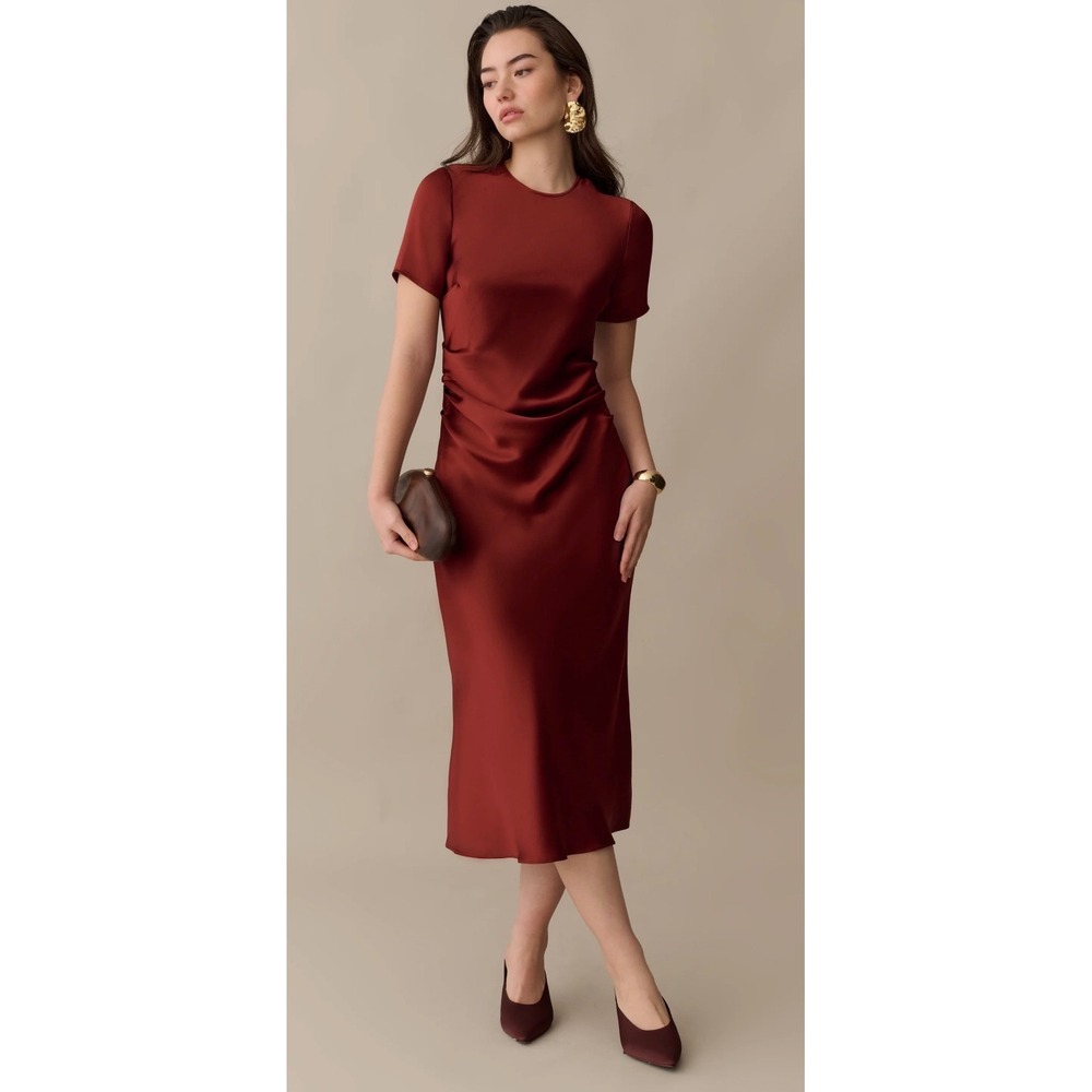 o.p.t One Pretty Time Mahogany Satin Ruched Midi Dress T25WDRW1838SC XS NEW